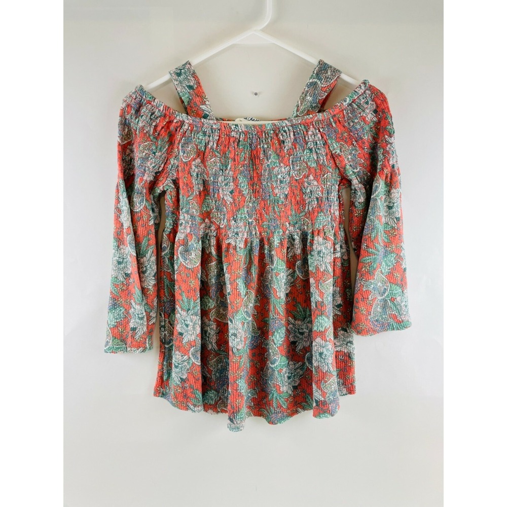 Cloud Chaser Blouse Girls Size Large Gray Red Ruffled Front Cold Shoulder NWT